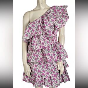 NWT Vici x Gina Cotton One Shoulder Pink Floral Print Ruffle Tiered Mini Dress M